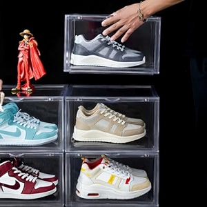 nyalkaran shoe storage organizer box for sneakers  transparent heavy duty stackable with magnetic door  large plastic shoe box for men amp women transparent pack of 1