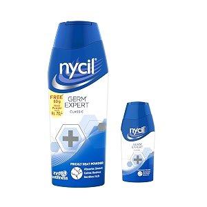 nycil germ expert classic prickly heat powder clinically proven anti-bacterial formula to absorb sweat calm rashes and soothe itch for summer skin relief 150g  60g free