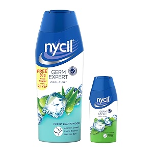 nycil germ expert cool aloe prickly heat powder clinically proven anti-bacterial formula with neem amp aloe vera to absorb sweat calm rashes and soothe itch for summer skin relief 150g  60g free