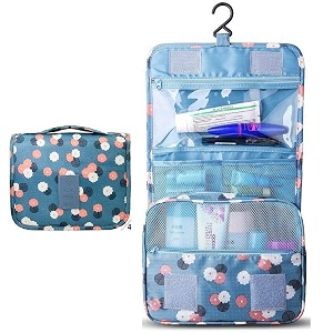 nylon large capacity portable travel toiletry bag with hanging hook waterproof cosmetic case makeup pouch kit for men women with carry handle aatcb-1 blue flower