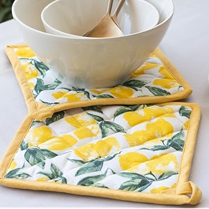 oak amp lily pot holders for kitchen  100 cotton hot pads  heat resistant machine washable  set of 2 with hanging loops  20x20 cm  for cooking baking amp bbq  yellow amp green lemon pattern