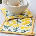 Oak &amp; Lily Pot Holders for Kitchen | 100% Cotton Hot Pads | Heat Resistant, Machine Washable | Set of 2 with Hanging Loops | 20x20 cm | for Cooking, Baking &amp; BBQ | Yellow &amp; Green Lemon Pattern