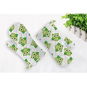 oven heat resistant green owl printed gloves pack of 2
