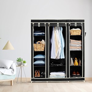 obbo 3-door wardrobe foldable collapsible portable closet for clothes almira 1 hanging space 10 shelves non-woven fabric-162 cm 44 cm 138 cm-black