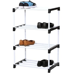 obbo-foldable adjustable 4-tier shoe rack - durable plastic amp metal stand for shoes bags toys amp more - easy assembly space-saving design for home organization