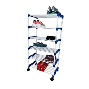 obbo -foldable adjustable 6-tier shoe rack - durable plastic amp metal stand for shoes bags toys amp more - easy assembly space-saving design for home organization