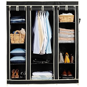 obbo portable 3-door foldable wardrobe closet  fabric plastic iron storage organizer with hanging rod amp 10 racks  lightweight amp space-saving storage solution  162 x 44 x 138 cm  black