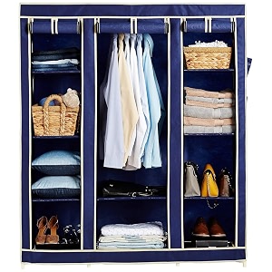 obbo portable 3-door foldable wardrobe closet  fabric plastic amp iron construction with shelves amp hanging rod  lightweight foldable storage solution with 10 racks  black amp blue