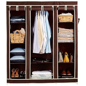 obbo portable 3-door foldable wardrobe closet  fabric plastic amp iron construction with shelves amp hanging rod  lightweight foldable storage solution with 10 racks  brown