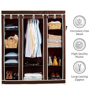 obbo portable 3-door foldable wardrobe closet  fabric plastic amp iron storage organizer with shelves amp hanging rod  10-rack lightweight closet for clothes shoes amp accessories