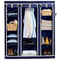 OBBO Portable 3-Door Foldable Wardrobe Closet | Fabric, Plastic & Iron Construction with Shelves & Hanging Rod | Lightweight Foldable Storage Solution with 10 Racks | Black & Blue
