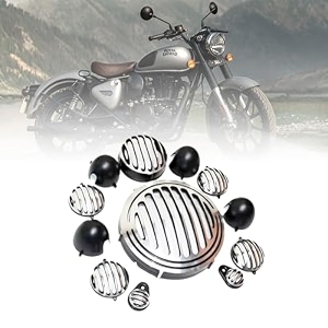 oberoi39s traders cnc metal front rear headlight grilljali cover set with tail lamp indicator pivot eyes cup compatible with royal enfield classic reborn 350 silver