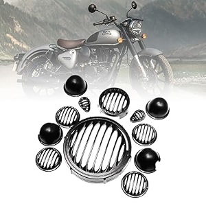 oberoi39s traders premium cnc metal front rear headlight grilljali cover set with tail lamp indicator pivot eyes cup compatible only for royal enfield classic reborn 350 set of 12 plain