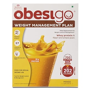 obesigo blcd - meal replacement weight loss amp weight management plan  mango - 350gm 7 sachets50g  whey protein amp fiber enriched  408g protein100g garcenia extract 27 vitamin amp mineral