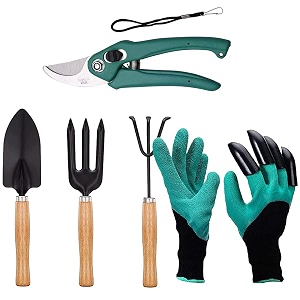 oblivion gardening tools set of 5 pcs - flower cutter garden shear pruner gardening gloves amp big garden tool set wooden handle hand cultivator trowel garden fork