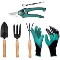 Oblivion Gardening Tools Set of 5 Pcs - Flower Cutter, Garden Shear, Pruner, Gardening Gloves & Big Garden Tool Set Wooden Handle Hand Cultivator, Trowel, Garden Fork