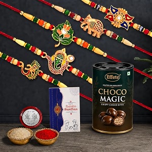 oblivion designer rakhi set of 5 for brother  leaf elephant amp ganesh ji design with choco magic chocolate 96gm pooja coin roli chawal amp card  rakhi with chocolate combo for raksha bandhan