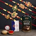 Oblivion Designer Rakhi Set of 5 for Brother – Leaf, Elephant & Ganesh Ji Design with Choco Magic Chocolate 96gm, Pooja Coin, Roli Chawal & Card | Rakhi with Chocolate Combo for Raksha Bandhan