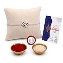 Oblivion Rakhi for Brother – Silver Color Flower Shape Rakhi with Silver Color Pooja Coin, Greeting Card & Roli Chawal, Traditional Raksha Bandhan Festive Celebrations Combo Pack for Bhai (K1_A36)