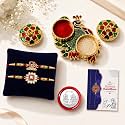 Oblivion Peacock Pooja Thali with Rakhi Set for Brother – Rakhis for Brother Set of 2, Om Design with Silver Colour Pooja Coin & Greeting Card – Raksha Bandhan Gift Combo