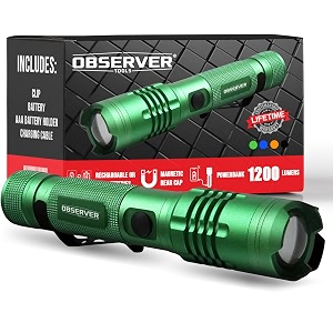 observer tools 1000 lumen led rechargeable tactical flashlight power bank dual power magnet zoom micro-usb charging waterproof green