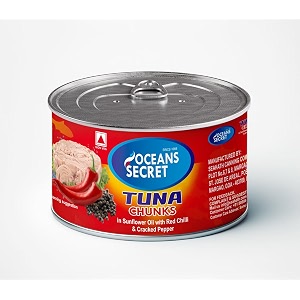 ocean secret tuna canned fish in sunflower oil with red chilli amp pepper 180g  pack of 2 tin cans  ready to eat canned tuna for curries rice sandwiches and salads  easy to store and serve