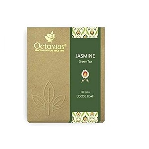 octavius  jasmine green tea - 100 gm 50 cups  100 natural ingredients  loose leaf  jasmine flower  antioxident-rich  boost immunity  improves sleep skin and hair  100 gm box