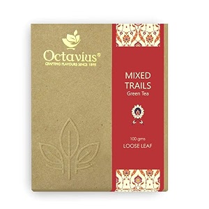 octavius  mixed trail green tea - 100gm 50 cups  100 natural  loose leaf  tulsi mint rose black pepper cinnamon star anise clove licorice lemon grass boost immunity  relives stress