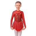 ODASDO Figure Skating Dress for Girls Mesh Long Sleeve Sparkly Sequin Skirted Leotard Ballet Outfit Dancewear