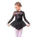 ODASDO Figure Skating Dress for Girls Mesh Long Sleeve Sparkly Sequin Skirted Leotard Ballet Outfit Dancewear