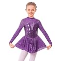 ODASDO Figure Skating Dress for Girls Mesh Long Sleeve Sparkly Sequin Skirted Leotard Ballet Outfit Dancewear