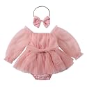 ODASDO Newborn Baby Girl Romper Dress Flower Embroidery Tutu Princess Long Sleeve One-Piece Bodysuit Cake Smash Outfit