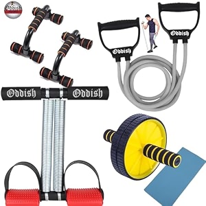 oddish way to fitness 4-in-1 home gym fitness combo  tummy trimmer with comfortable foam grip handle ab roller wheel with knee mat resistance tube amp push-up bars red