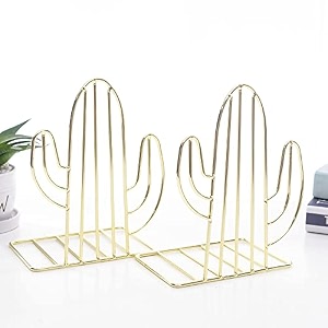 oddpod gold cactus decorative metal bookendsnon-slip desktop book shelf organiser for office decor home living room school amp library set of 2