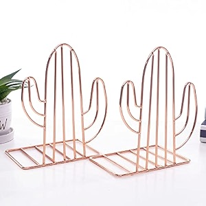 oddpod rose gold cactus decorative metal bookendsnon-slip desktop book shelf organiser for office decor home living room school amp library set of 2