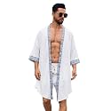 ODIZLI Men's Kimono Cardigan Open Front- Geometric Trim Lightweight Boho Robe for Beach Pool Spa Vacation