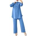ODIZLI Muslim Long Sleeve Blouse Wide Leg Pants Suits Autumn Solid Abaya Women Matching Sets 2PCS Tracksuits Turkey Kaftan