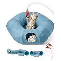 Odoland Linen Cat Tunnels with Central Cat Bed, Interactive Cat Toys Detachable Washable Soft Mat Large Indoor Play Tunnel Cave for Kittens and Small Animals