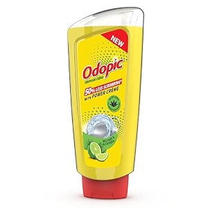 dabur odopic dishwash creme lime - 500ml liquid gel  with aloevera for sensitive hands  fresh fragrance  powerful grease cleaner  removes toughest stains  50 less scrubbing  leaves no residue