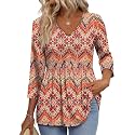 OFEEFAN 3/4 Length Sleeve Womens Tops 2026 Blouses for Women Dressy Casual Fashion Clothing V Neck Babydoll Tops Fall Outfits