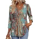 OFEEFAN 3/4 Length Sleeve Womens Tops 2026 Blouses for Women Dressy Casual Fashion Clothing V Neck Babydoll Tops Fall Outfits