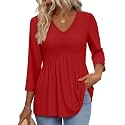 OFEEFAN 3/4 Length Sleeve Womens Tops 2026 Blouses for Women Dressy Casual Fashion Clothing V Neck Babydoll Tops Fall Outfits