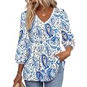 OFEEFAN 3/4 Length Sleeve Womens Tops 2026 Blouses for Women Dressy Casual Fashion Clothing V Neck Babydoll Tops Fall Outfits