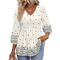 OFEEFAN 3/4 Length Sleeve Womens Tops 2026 Blouses for Women Dressy Casual Fashion Clothing V Neck Babydoll Tops Fall Outfits