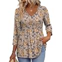 OFEEFAN 3/4 Length Sleeve Womens Tops 2026 Blouses for Women Dressy Casual Fashion Clothing V Neck Babydoll Tops Fall Outfits