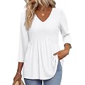OFEEFAN 3/4 Length Sleeve Womens Tops 2026 Blouses for Women Dressy Casual Fashion Clothing V Neck Babydoll Tops Fall Outfits