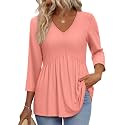 OFEEFAN 3/4 Length Sleeve Womens Tops 2026 Blouses for Women Dressy Casual Fashion Clothing V Neck Babydoll Tops Fall Outfits