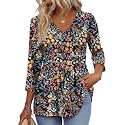 OFEEFAN 3/4 Length Sleeve Womens Tops 2026 Blouses for Women Dressy Casual Fashion Clothing V Neck Babydoll Tops Fall Outfits