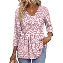 OFEEFAN 3/4 Length Sleeve Womens Tops 2026 Blouses for Women Dressy Casual Fashion Clothing V Neck Babydoll Tops Fall Outfits