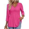 OFEEFAN 3/4 Length Sleeve Womens Tops 2026 Blouses for Women Dressy Casual Fashion Clothing V Neck Babydoll Tops Fall Outfits